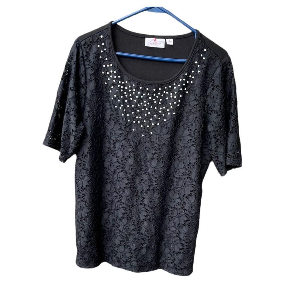 QVC Quacker Factory size L lace pearl rhinestone embellished top.